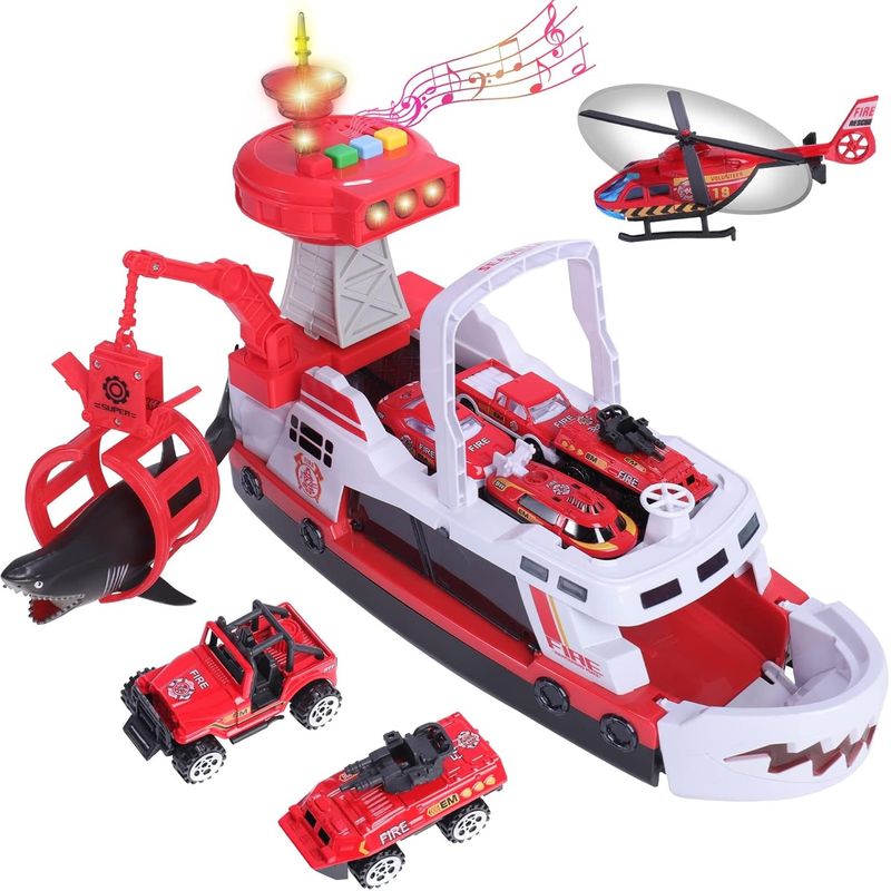MARKET TOYS - Camión Bote Niñera Con Atrapa Tiburón Lanzador Luz + Sonido