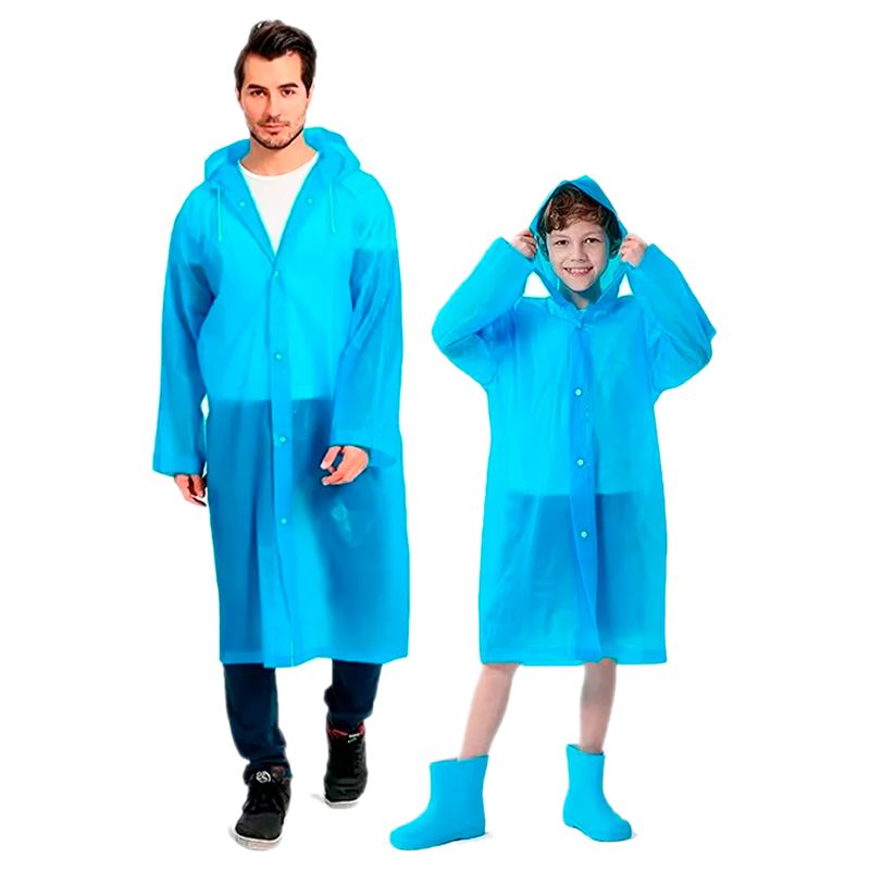 GENERICO - Kit X2 Capa Lluvia Adulto Y Niño Impermeable Eva Botones AZUL