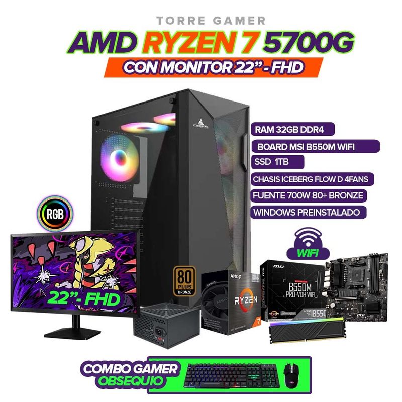 AMD - PC GAMER AMD 5700G BOARD B550 WIFI SSD 1TB RAM 32GB + MONITOR 22 Y COMBO