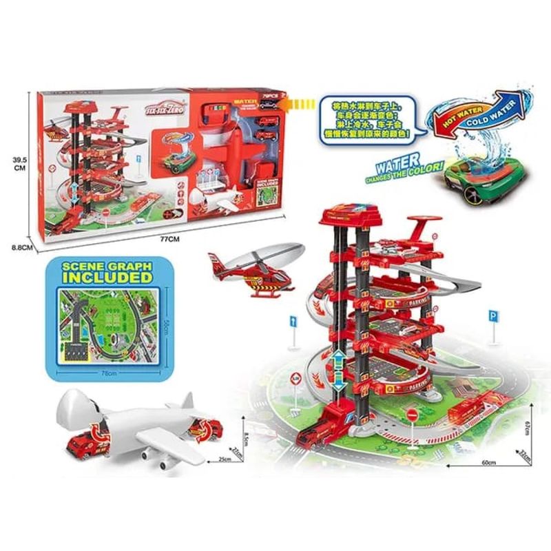 MARKET TOYS - Pista De Carros Garage + Avión + 79 Pcs + Sonidos + Luces
