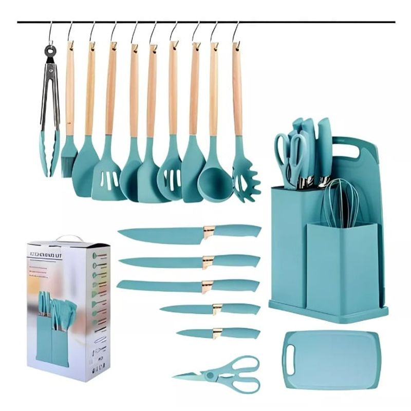 GENERICO - Set Utensilios En Silicona Para Cocina Juego Cuchillos X19 VerdeMenta