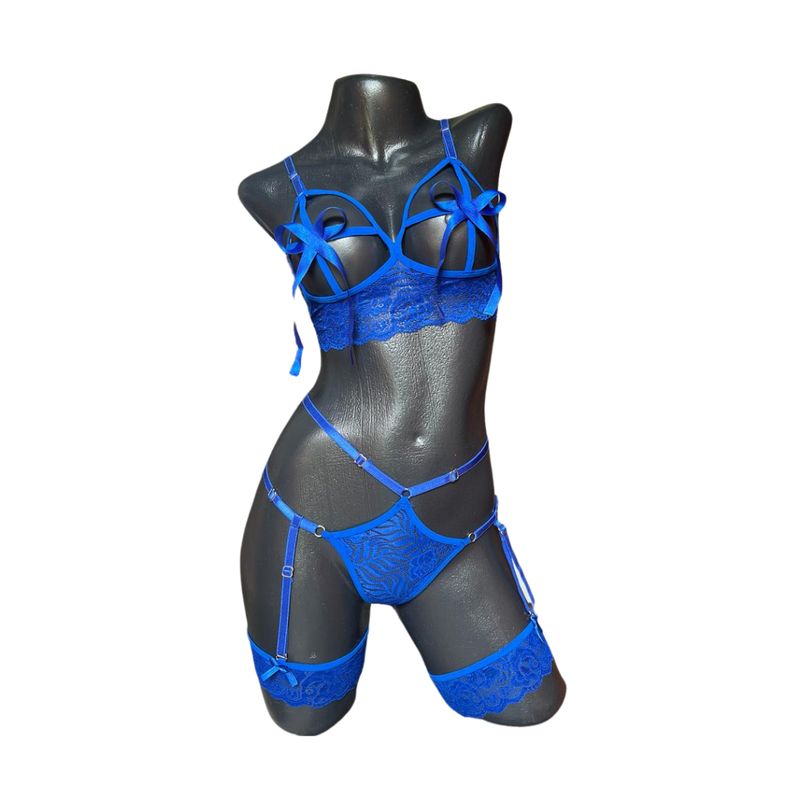 GENERICO - Conjunto sensual ropa interior encaje tanga hilo ligas Azul Baby doll