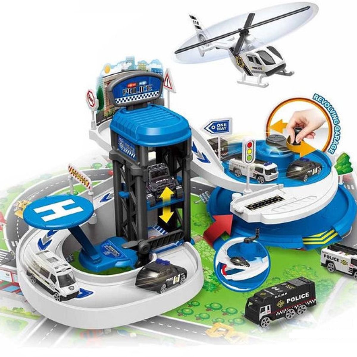 MARKET TOYS - Pista De Carros Garage Policia 3 Niveles Licuadora 33 Pcs