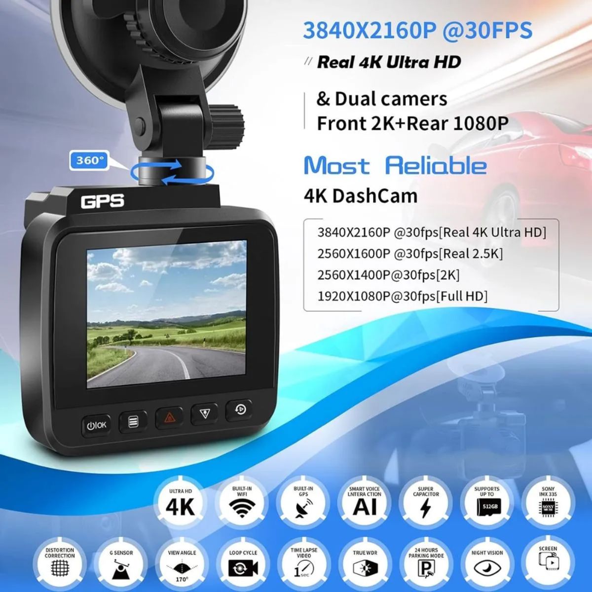 GENERICO - Camara Para Carro Con Gps Wifi Sensor 247 2k Pantalla Lcd