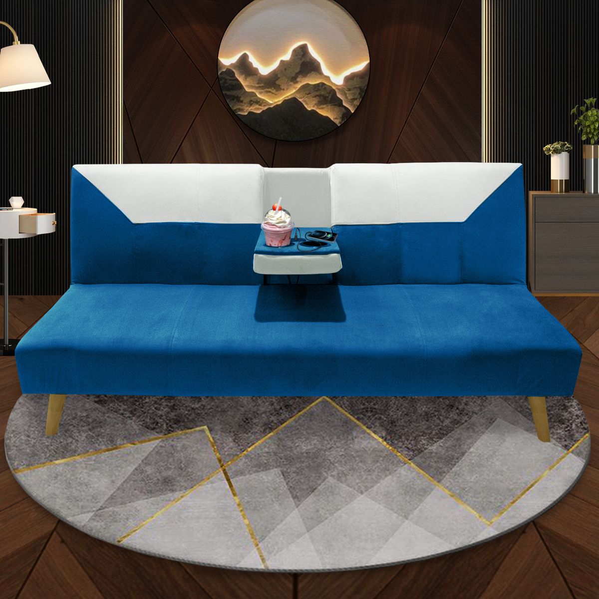 DORMILANDIA - Sofá Cama Pekín azul 2 Puestos Con Cargador y Porta Vasos