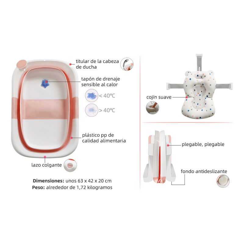 MUNDO BEBE - BAÑERA PLEGABLE CON TERMOMETRO Y COJIN PARA BAÑO BEBES ROSA