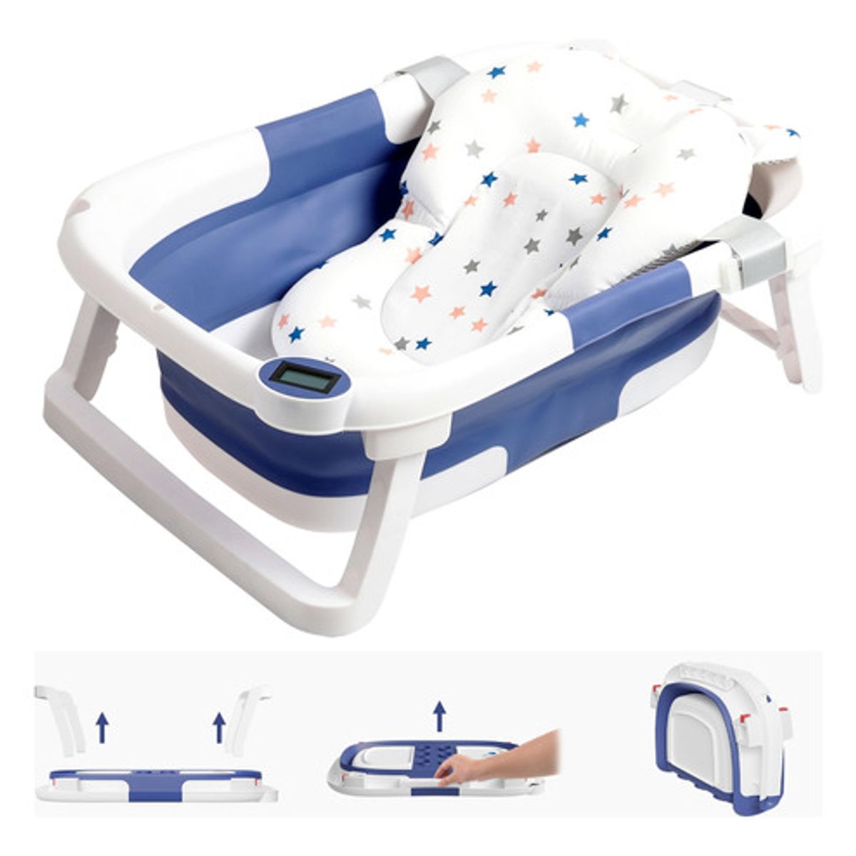 MUNDO BEBE - BAÑERA PLEGABLE CON TERMOMETRO Y COJIN PARA BEBES AZUL
