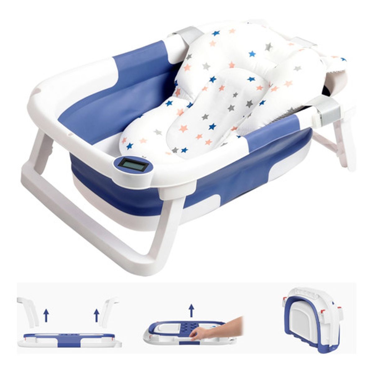 MUNDO BEBE - BAÑERA PLEGABLE CON TERMOMETRO Y COJIN PARA BEBES AZUL