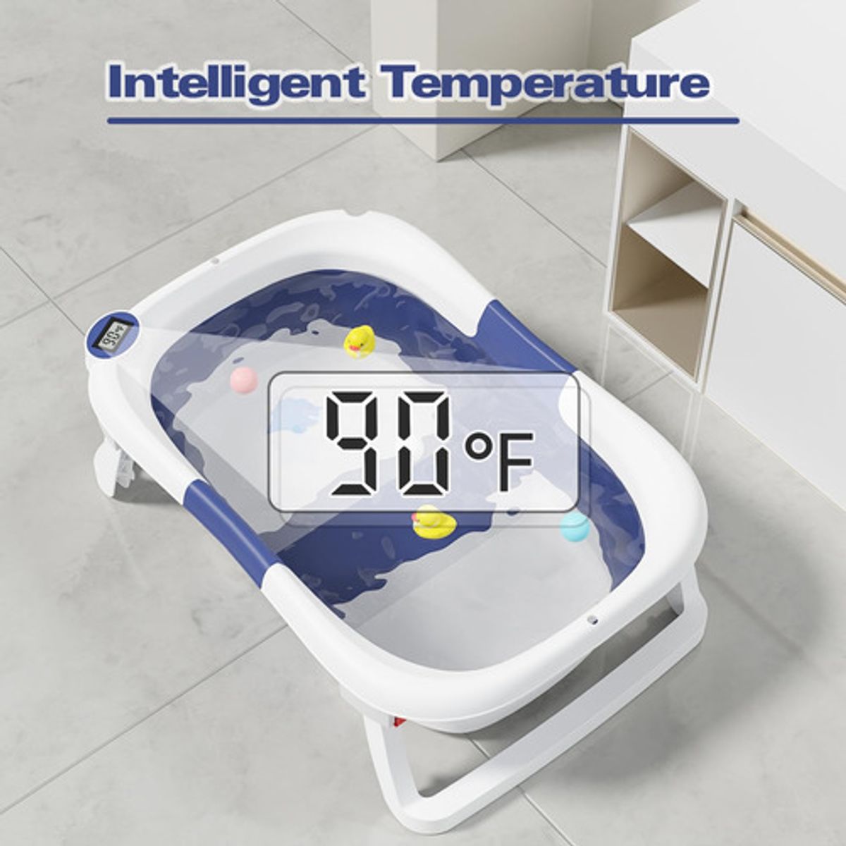 MUNDO BEBE - BAÑERA PLEGABLE CON TERMOMETRO Y COJIN PARA BEBES AZUL