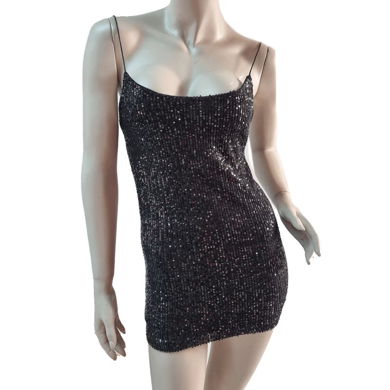 VIA7 - Vestido mini corto de lentejuelas brillante con forro y tirantes