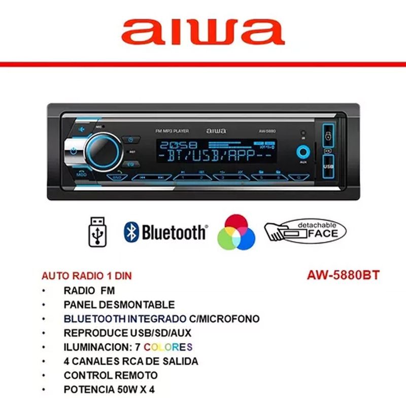 AIWA - Radio Carro Audio Sonido Aiwa Ecualizador Bluetooth Integrado AW-5880