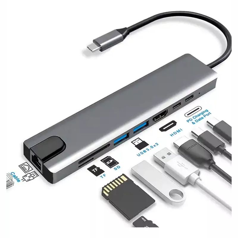 GENERICO - Adaptador Usb C 8 En 1 Hdmi Puerto Land Usb Mac-pc