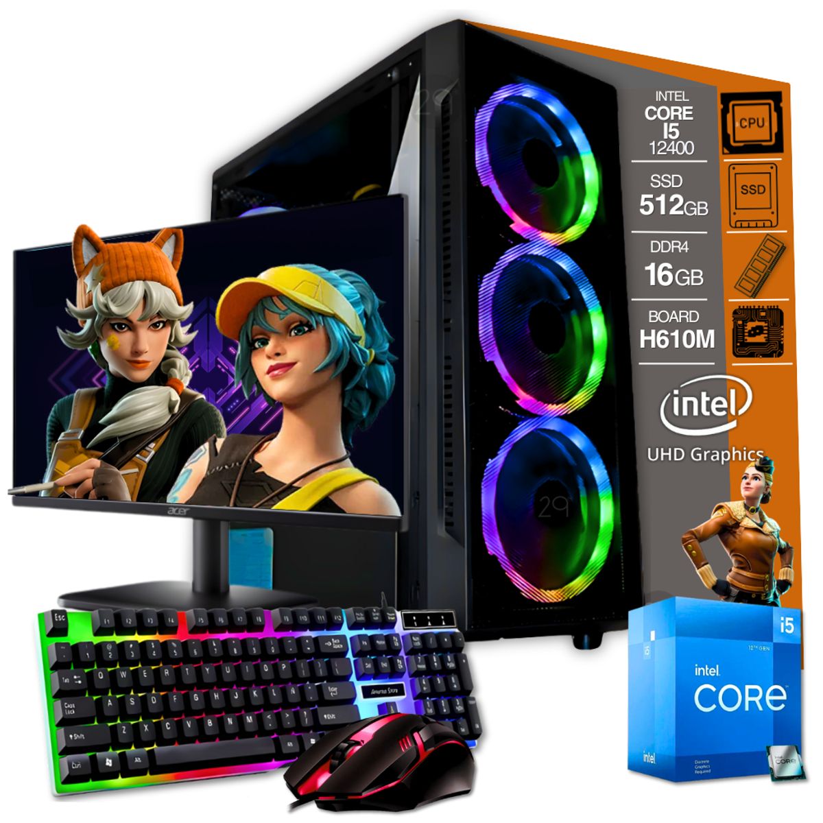 INTEL - PC EQUIPO GAMER INTEL CORE I5-12400 SSD 512GB MEM 16GB MONITOR 22 LED