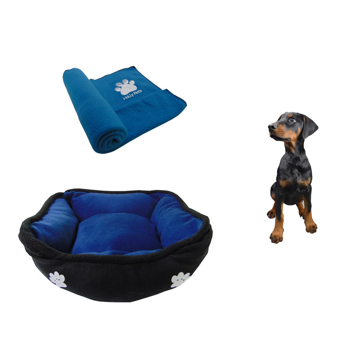 HALLY PET - Cama Mediana Doble Faz + Cobija Grande Azul Claro