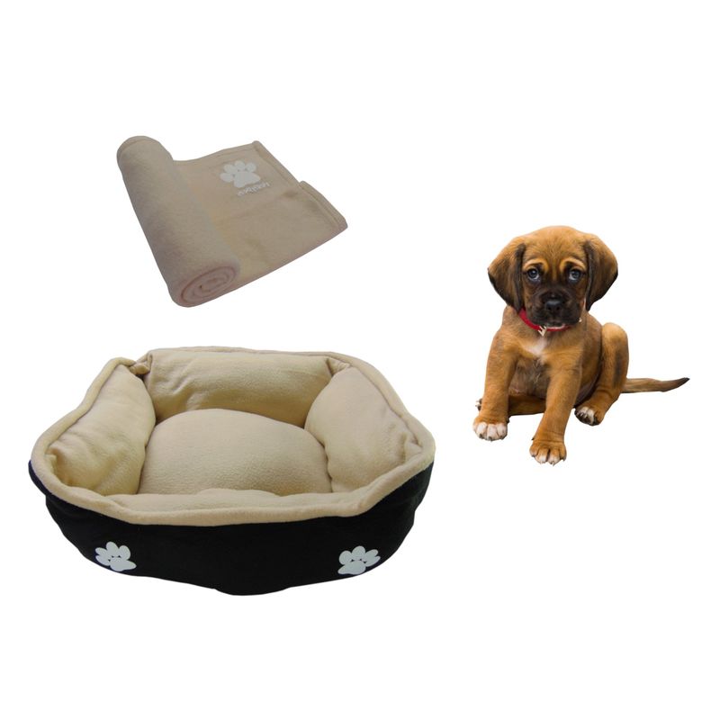 HALLY PET - Cama Mediana Doble Faz + Cobija Grande Beige