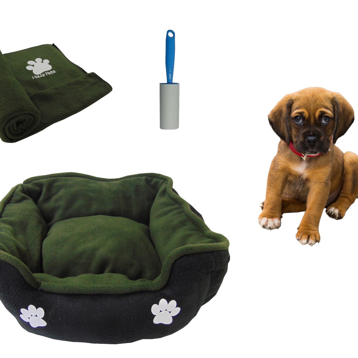 HALLY PET - Cama mediana doble faz + cobija mediana + quitamotas verde