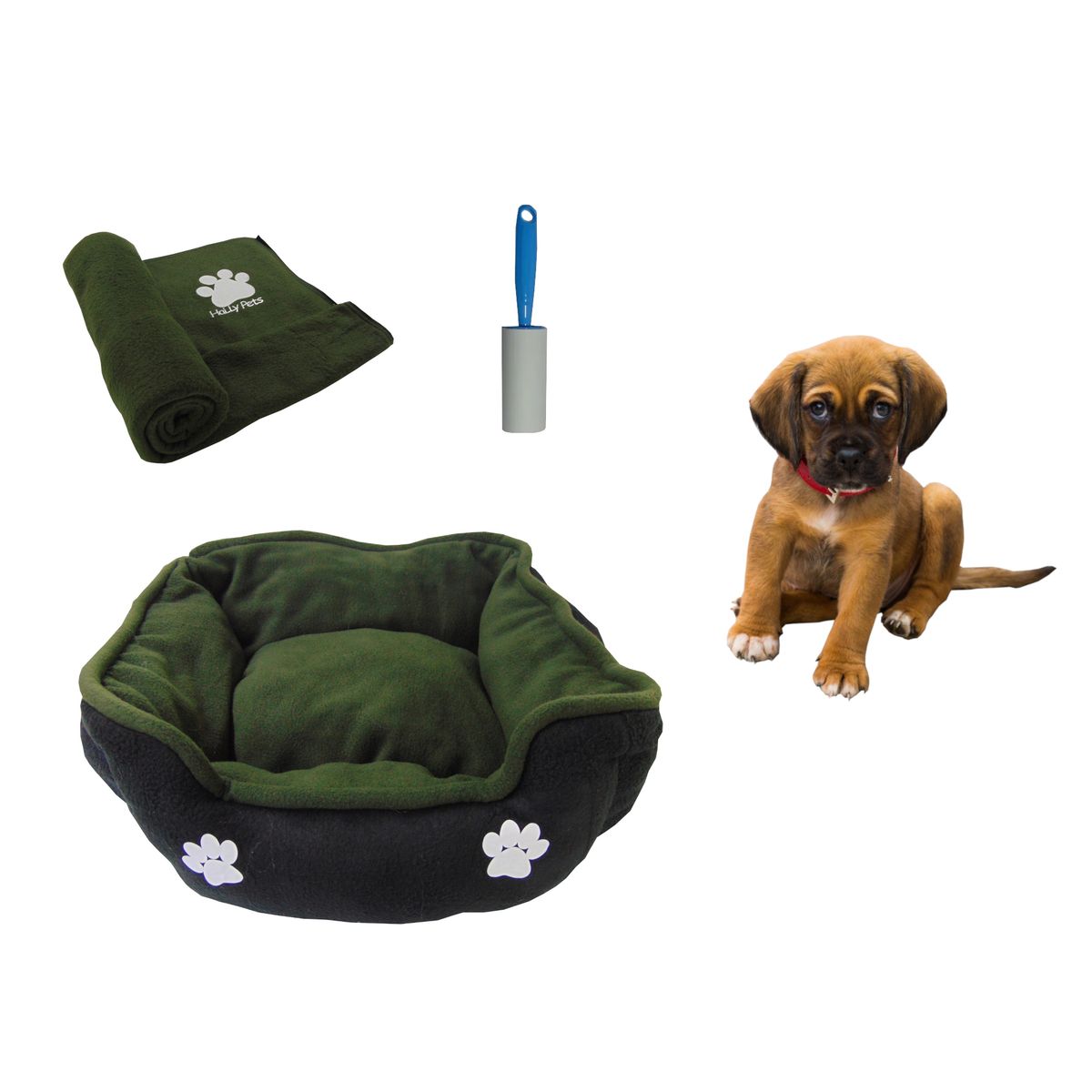 HALLY PET - Cama mediana doble faz + cobija mediana + quitamotas verde