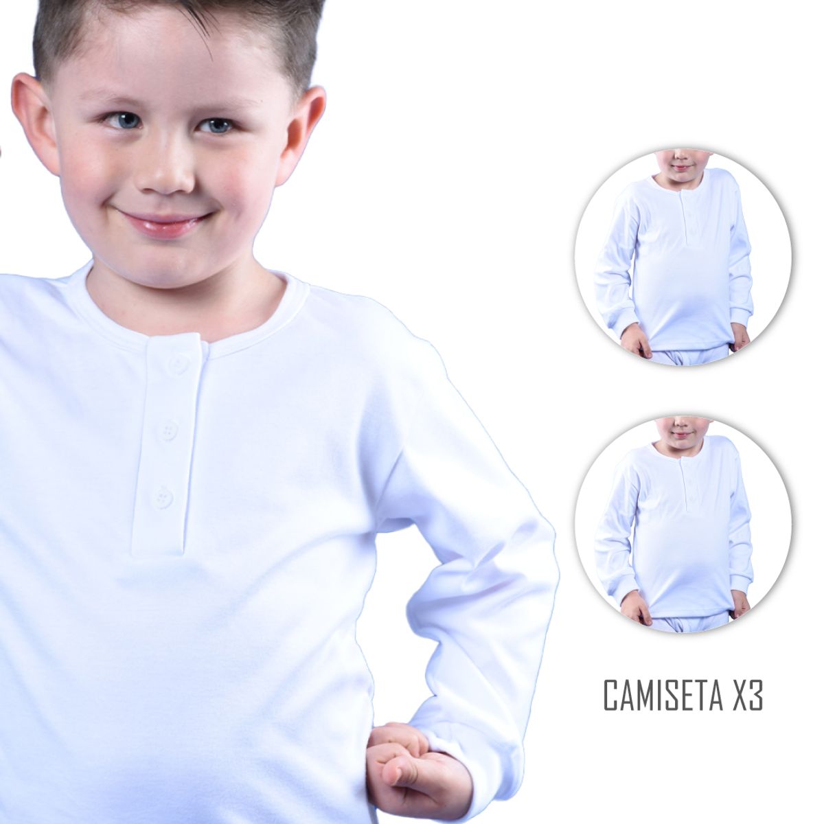 SANTANA - Combo X3 Camiseta Niño Cuello 3 Botones Manga Larga Blanca