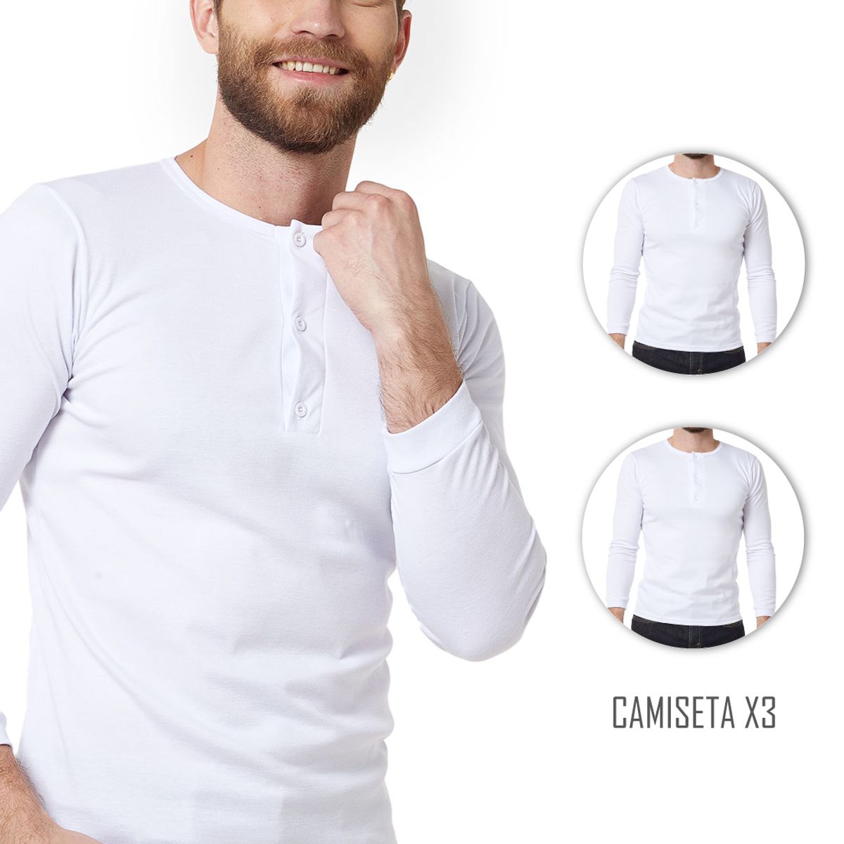 SANTANA - Combo X3 Camiseta Hombre Cuello 3 Botones Manga Larga Santana
