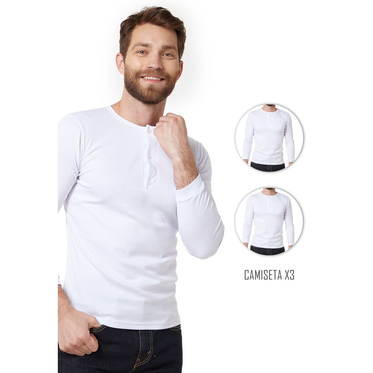 SANTANA - Combo X3 Camiseta Hombre Cuello 3 Botones Manga Larga Santana