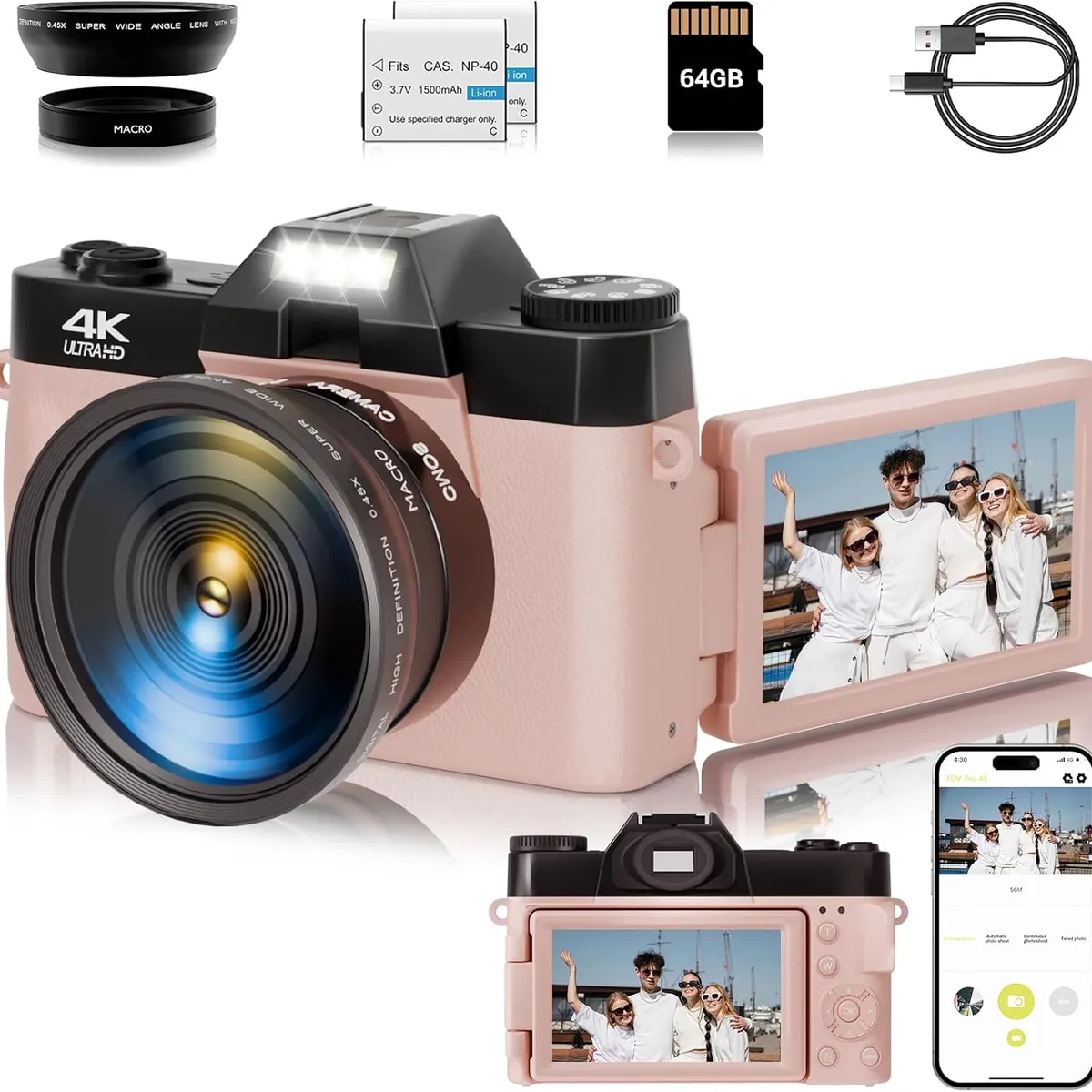 GENERICO - Cámara digital 4K para fotografía con pantalla abatible de 180°