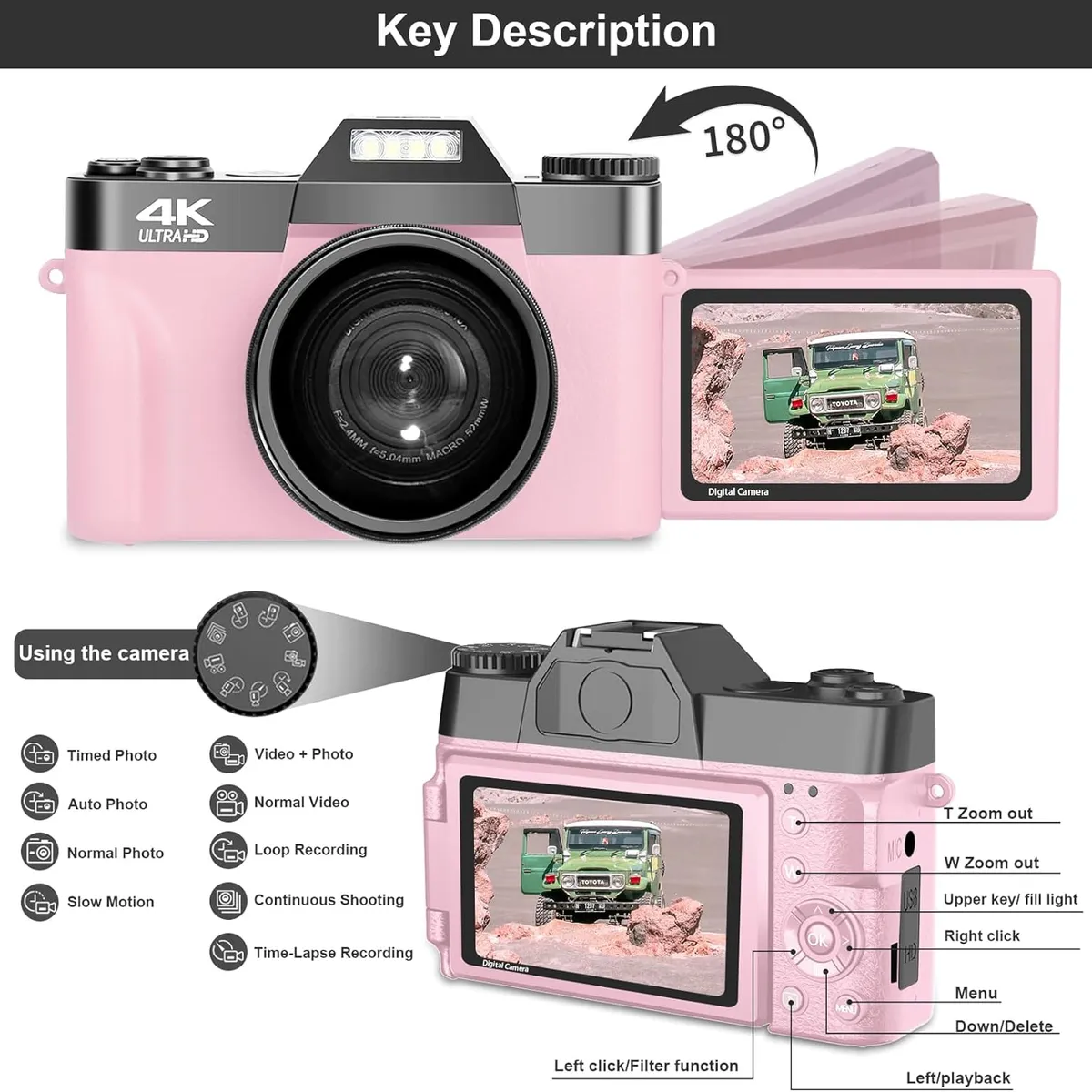 GENERICO - Cámara digital 4K para fotografía con pantalla abatible de 180°