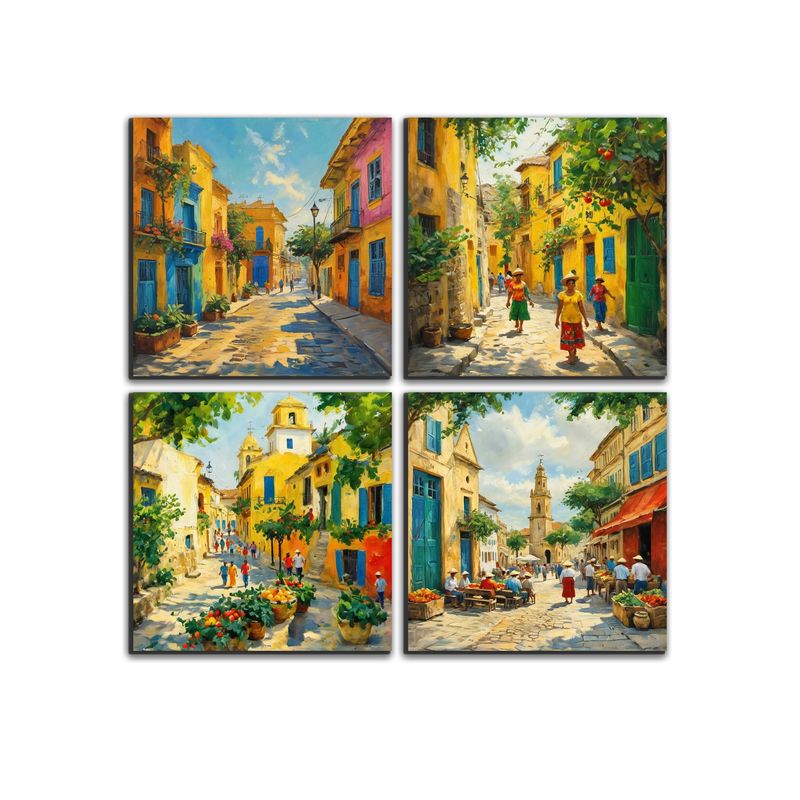 GENERICO - Lienzo Cuadros Colores de mi Tierra Pueblitos Set X 4 DE 43X43CM c/u