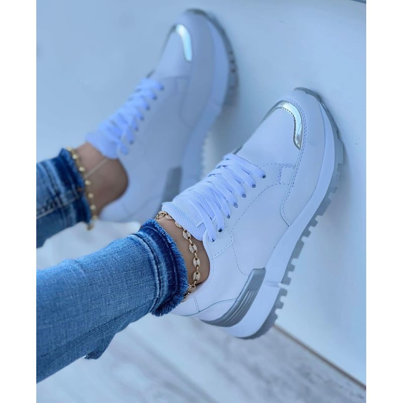 GENERICO - Tenis Blanco Plateado Dama Zapatillas Zapatos Mujer Lindos Moda Casual