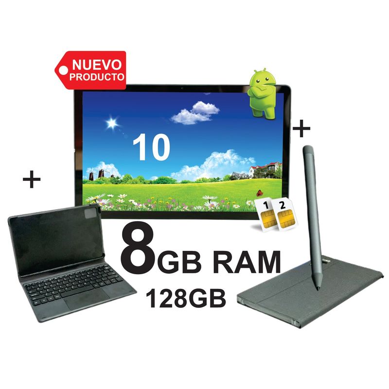 KRONO - Tablet 10 Pulgadas 8GB RAM 128GB Android 13 Doble SIM 4G + Teclado + STYLUS Gris