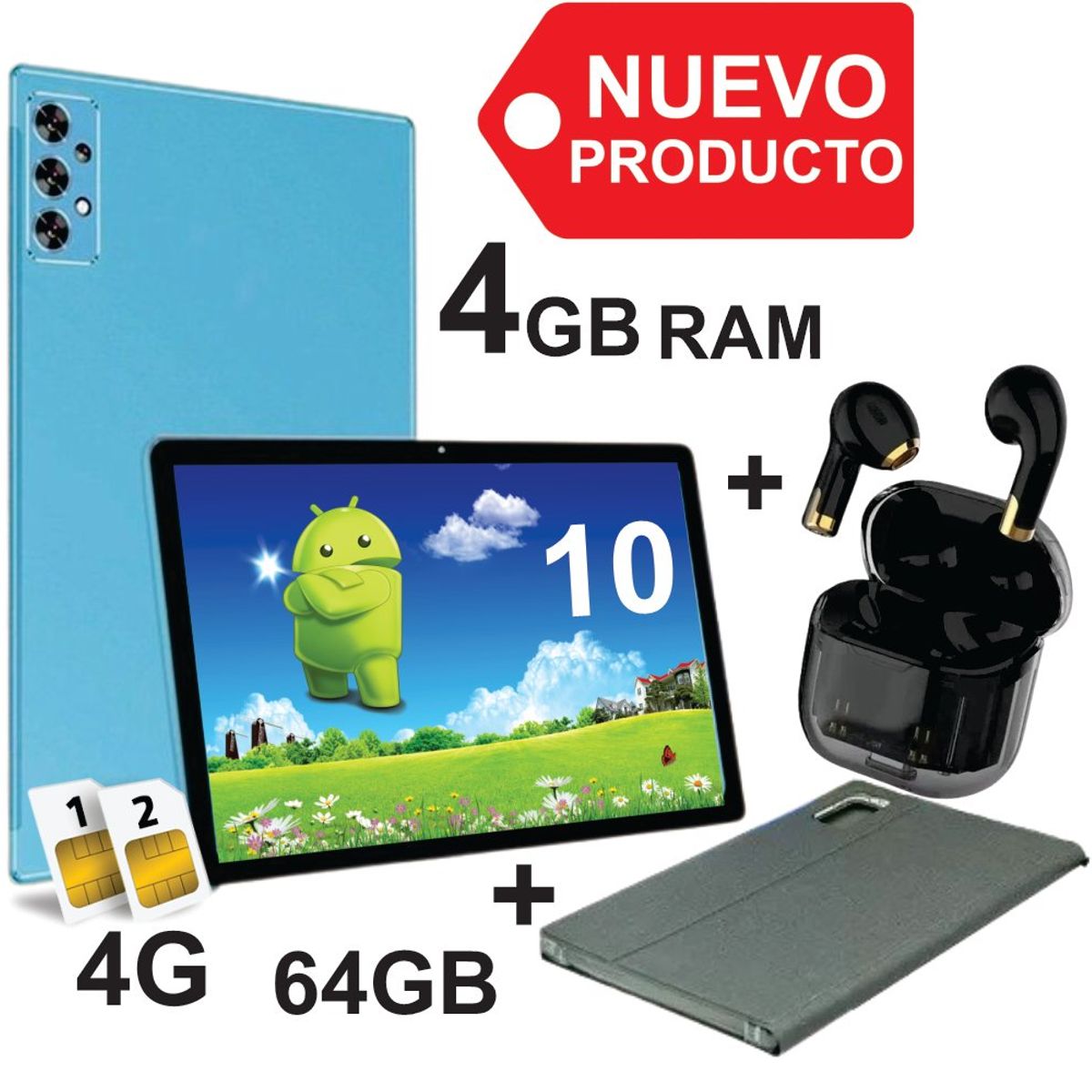 KRONO - Tablet 10 Pulgadas 4GB RAM Doble SIM Android 14 64GB + Audífonos Azul