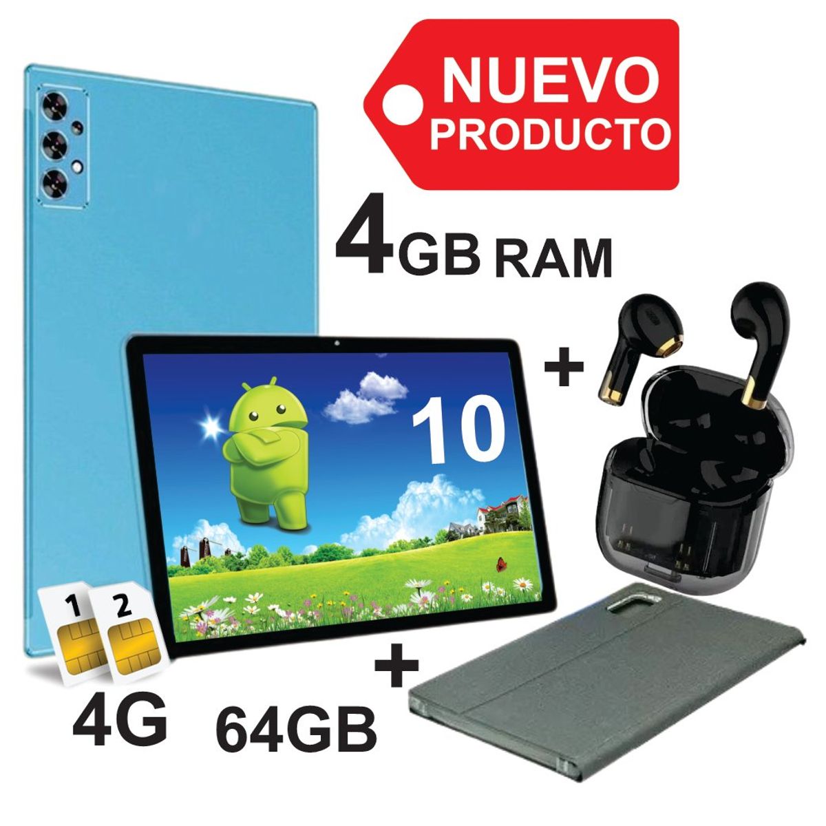KRONO - Tablet 10 Pulgadas 4GB RAM Doble SIM Android 14 64GB + Audífonos Azul