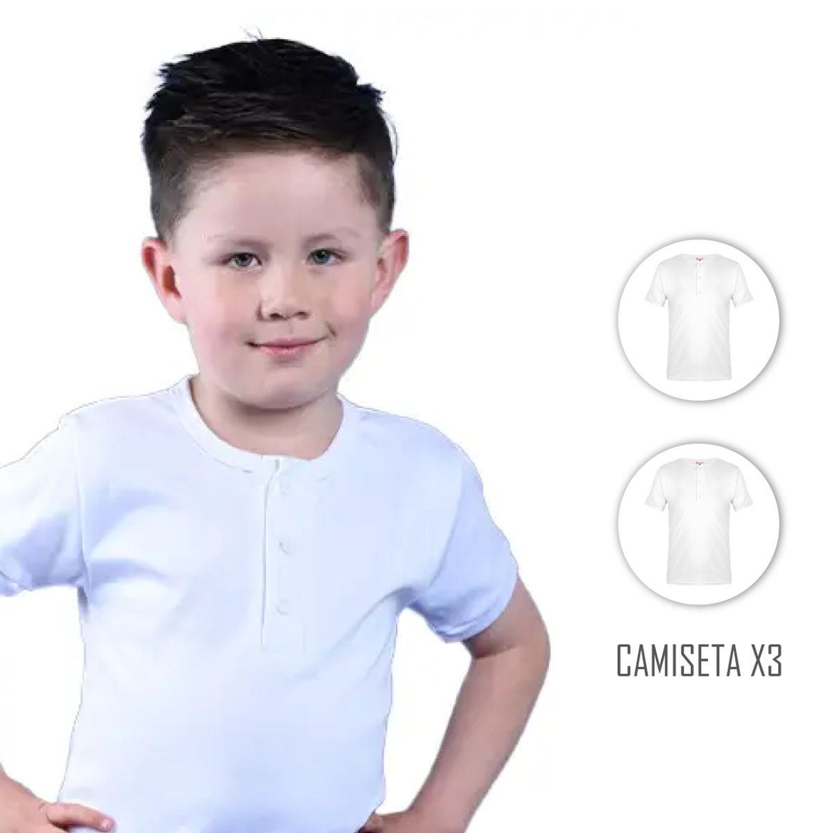 SANTANA - Combo X3 Camiseta Niño Cuello 3 Botones Manga Corta Blanco