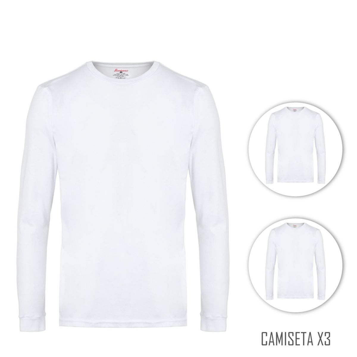 SANTANA - Combo X3 Camiseta Junior Unisex Cuello Redondo Manga Larga Blanco