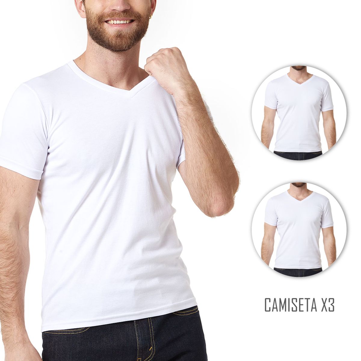 SANTANA - Combo X3 Camiseta Hombre Cuello V Manga Corta Blanca