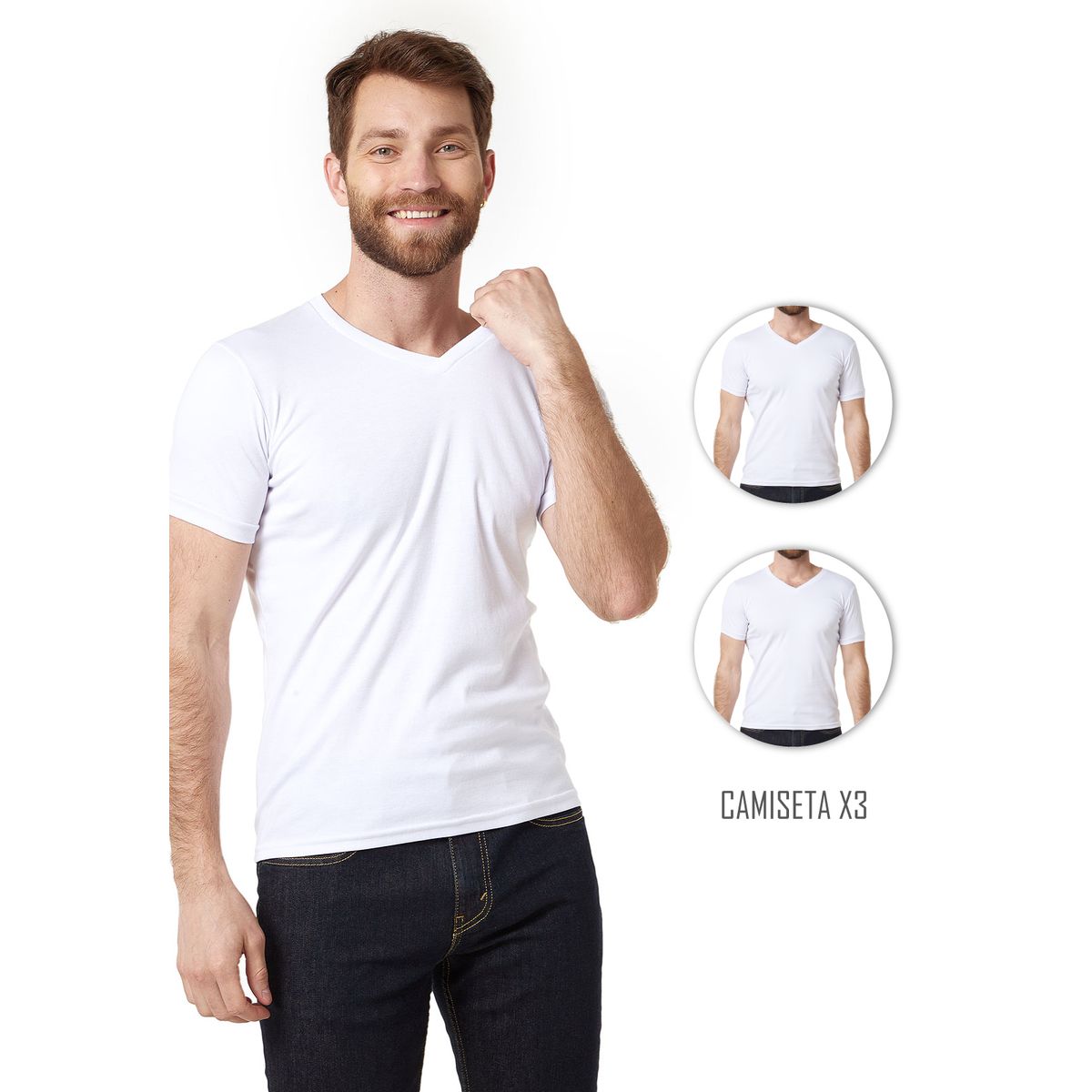 SANTANA - Combo X3 Camiseta Hombre Cuello V Manga Corta Blanca