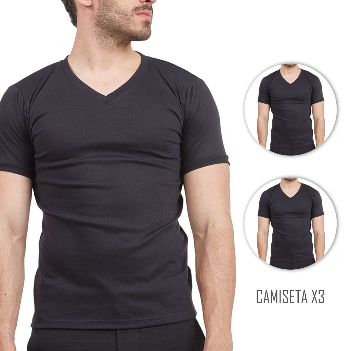 SANTANA - Combo X3 Camiseta Hombre Cuello V Manga Corta Negro