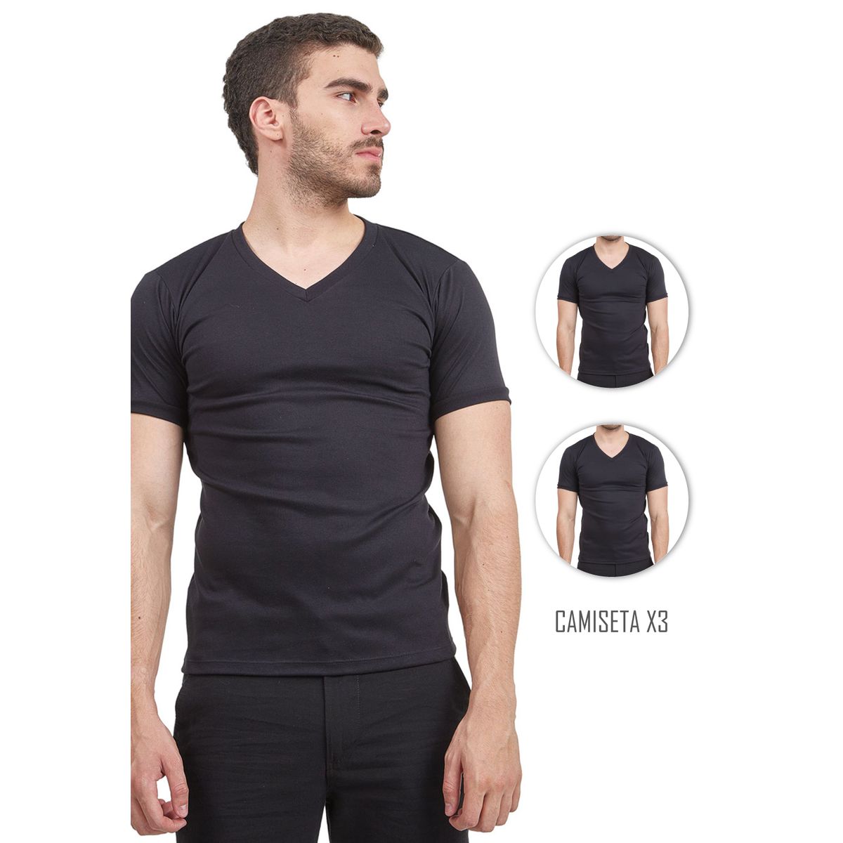 SANTANA - Combo X3 Camiseta Hombre Cuello V Manga Corta Negro