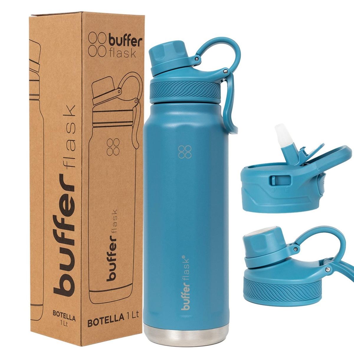 BUFFER FLASK - Termo Botella Termica Agua Acero Inox Buffer 1L + tapas - Azul cielo
