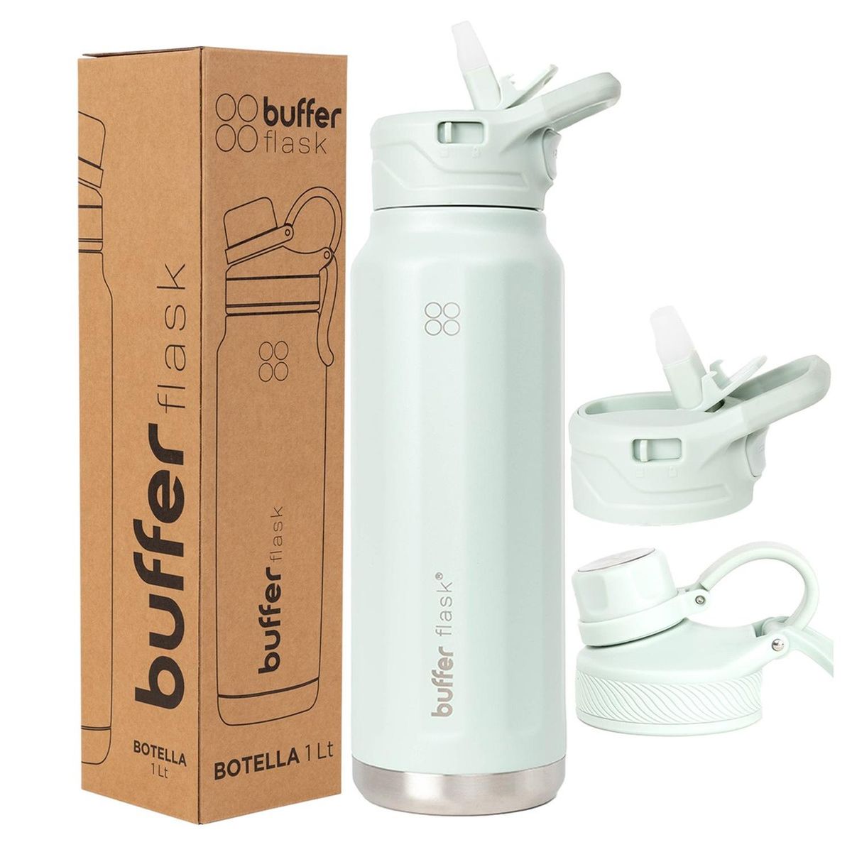 BUFFER FLASK - Termo Botella Termica Agua Acero Inox Buffer 1L + tapas - Verde