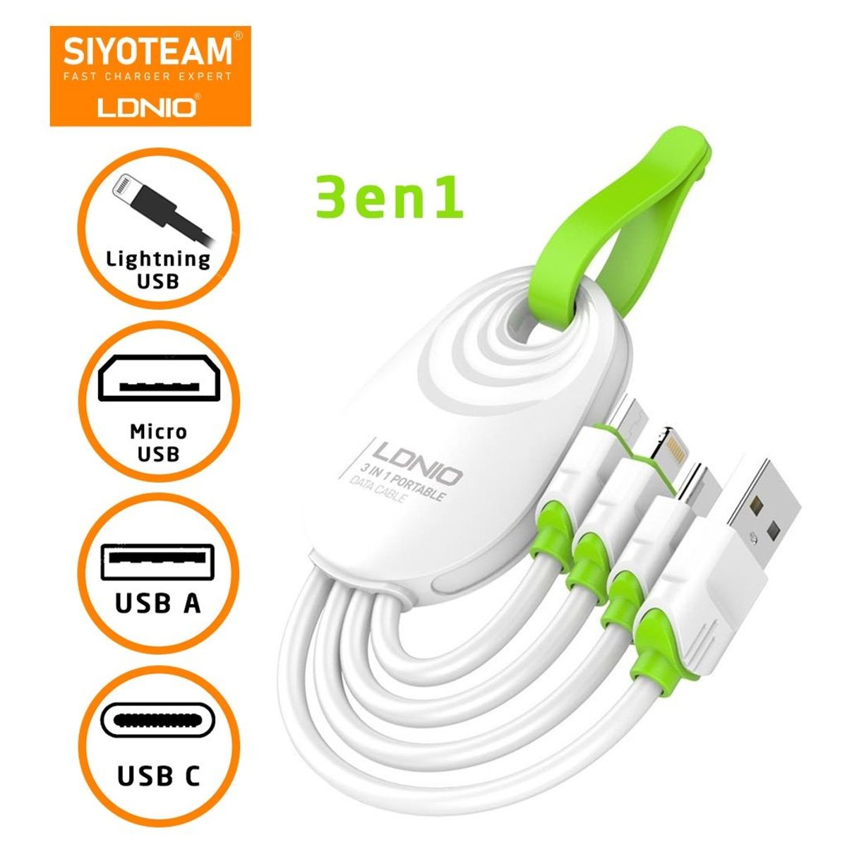 LDNIO - Ldnio Cable Pulpo tipo llavero carga rapida 5.8A 3 en 1