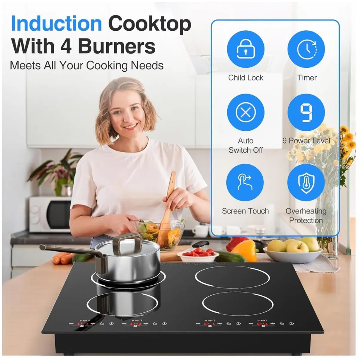 RENAHOUSE - Estufa De Induccion 4 Quemadores 4 Programas 9 Niveles 3600w