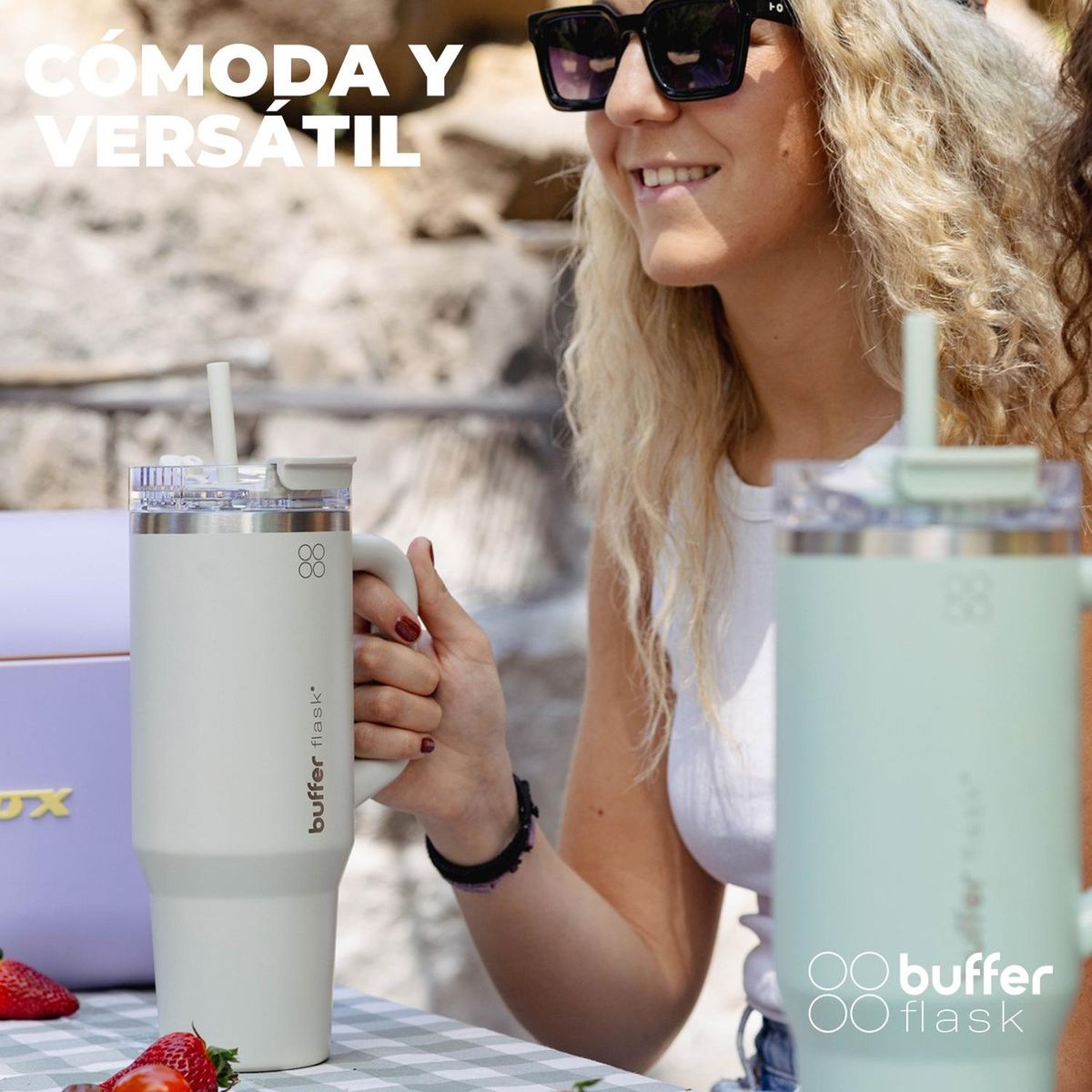 BUFFER FLASK - Termo Vaso Termico 1.2 lt Buffer Acero Inox + Pitillo - Beige