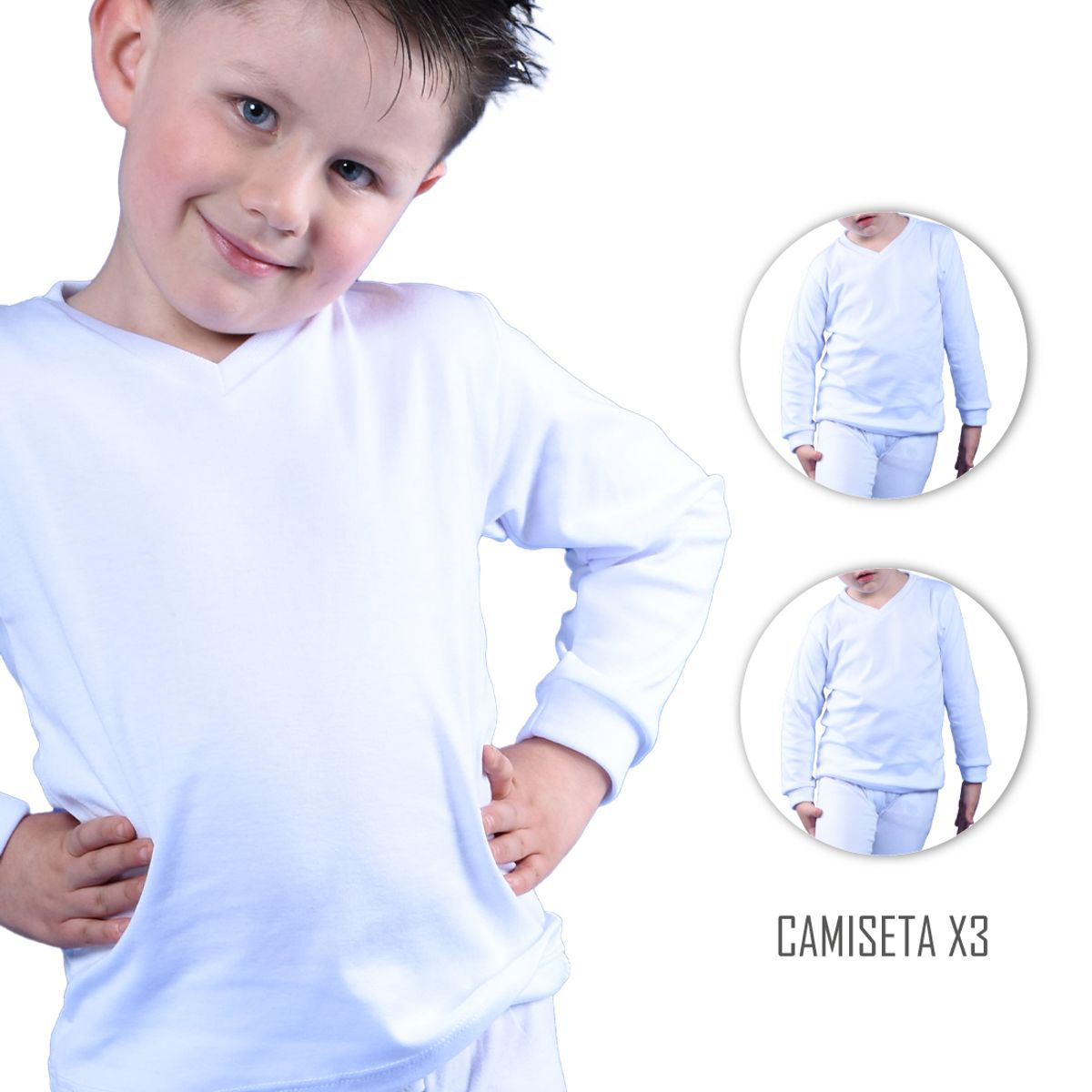 SANTANA - Combo X3 Camiseta Niño Cuello V Manga Larga Blanca