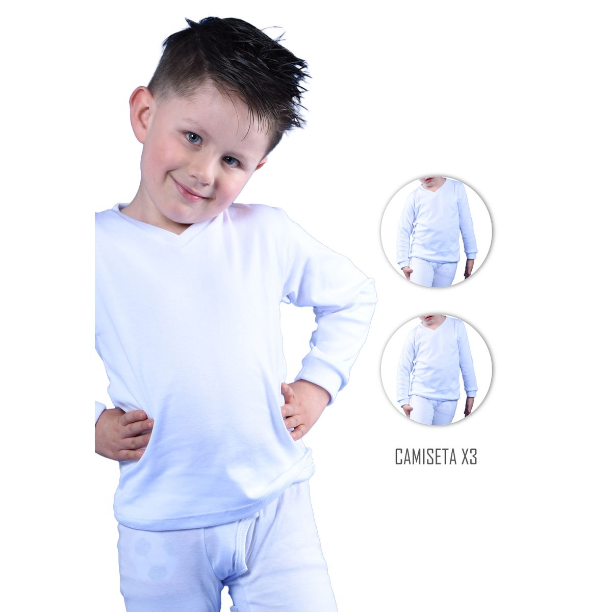 SANTANA - Combo X3 Camiseta Niño Cuello V Manga Larga Blanca