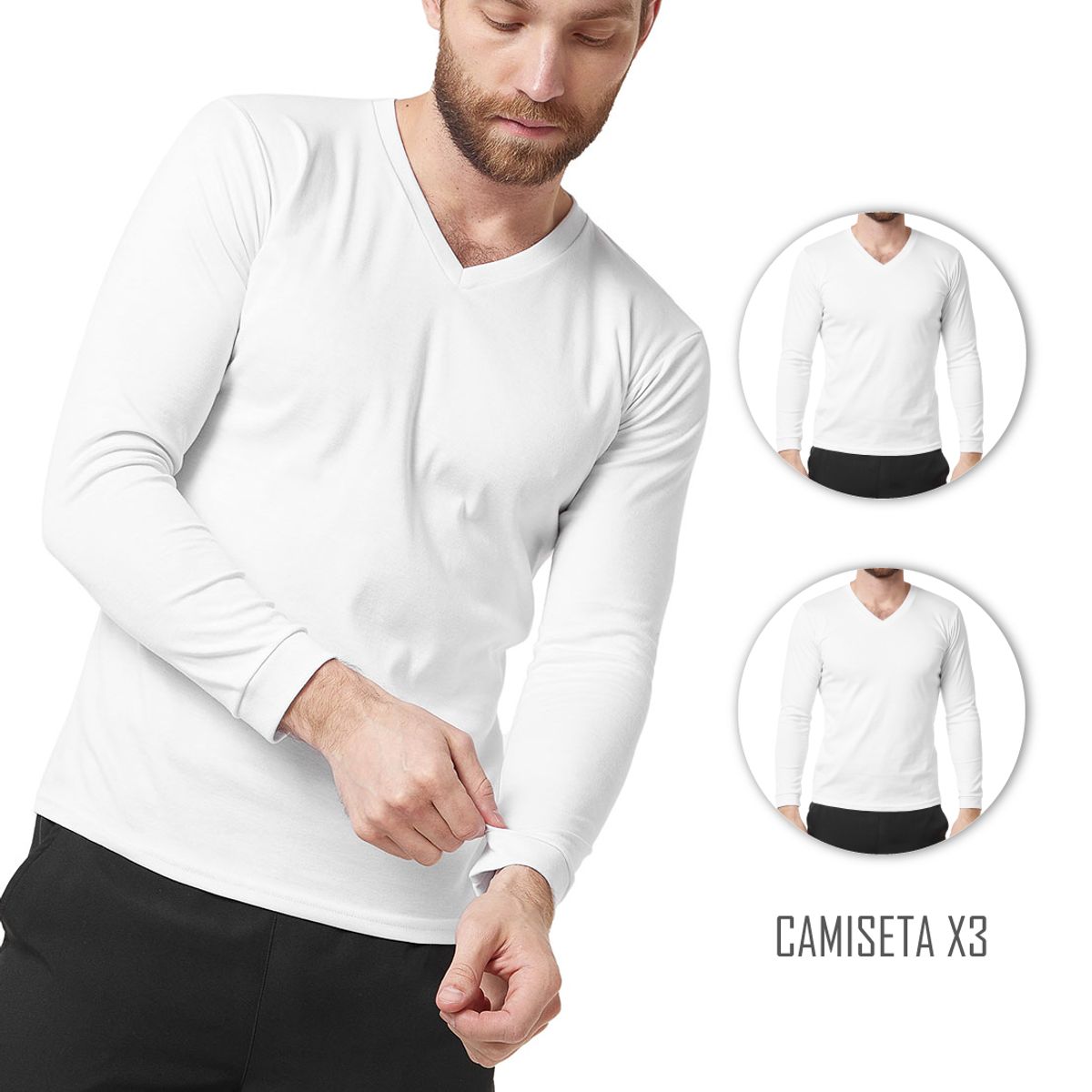 SANTANA - Combo X3 Camiseta Hombre Cuello V Manga Larga Blanca