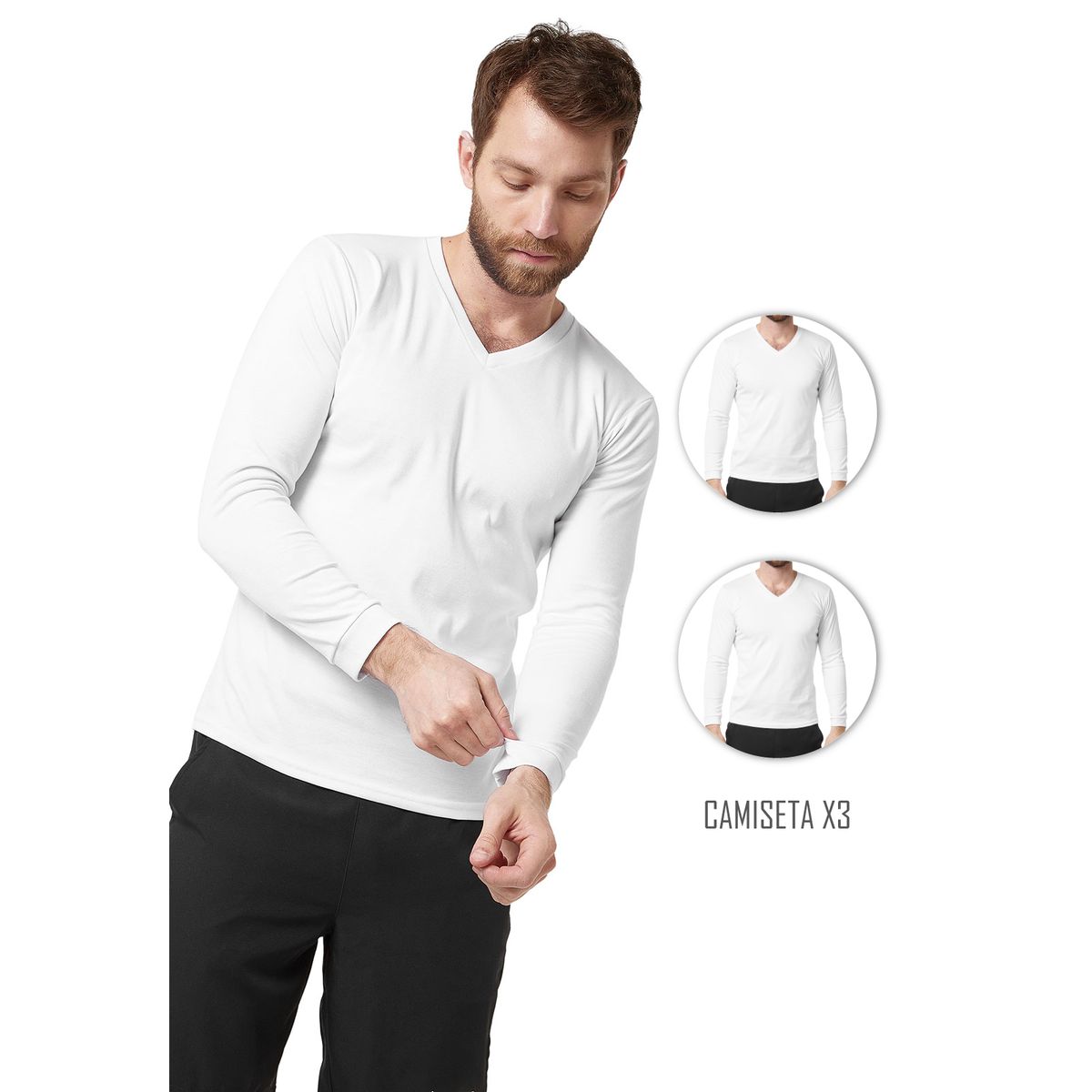 SANTANA - Combo X3 Camiseta Hombre Cuello V Manga Larga Blanca