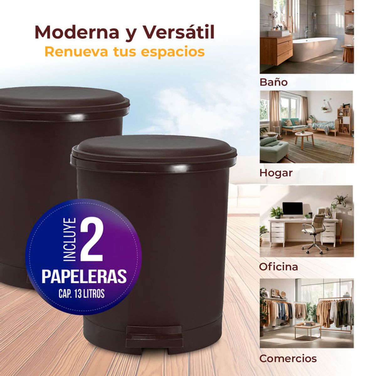 ENERGY PLUS - Kit x2 Papelera Circular con Pedal 13L  Diseño Moderno Café