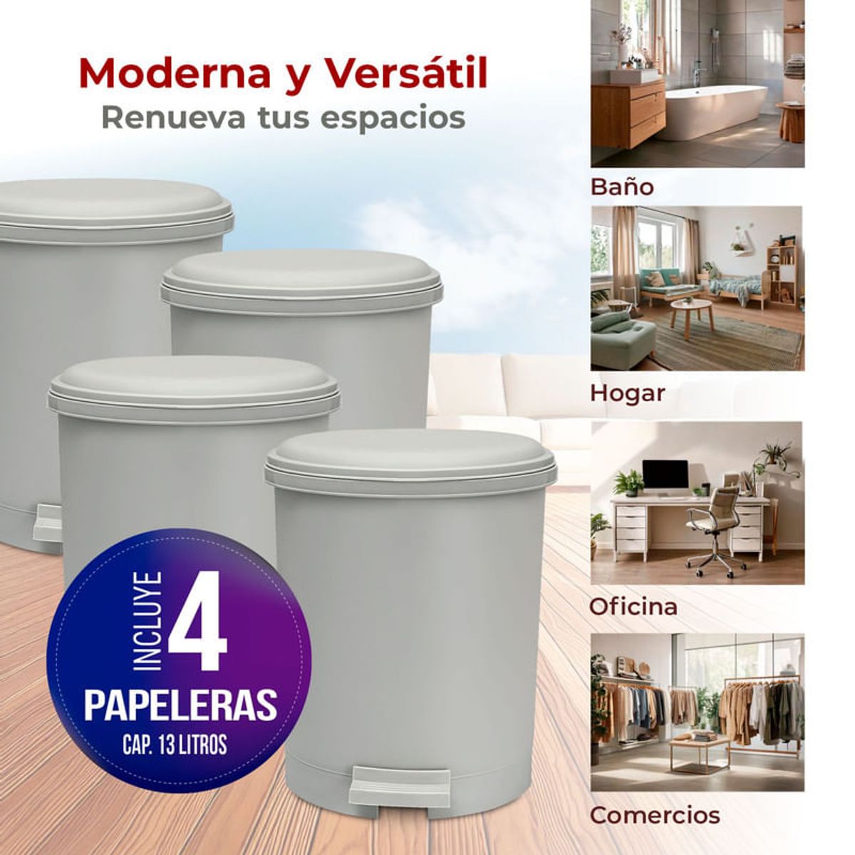 ENERGY PLUS - Kit x4 Papelera Circular con Pedal 13L  Diseño Moderno Gris