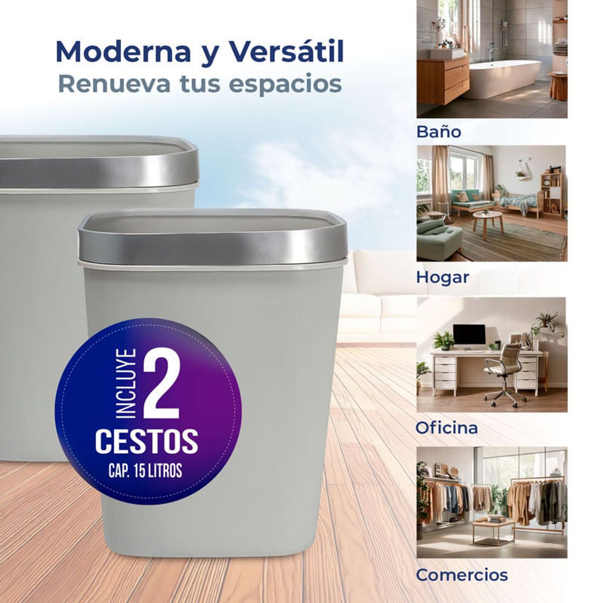 ENERGY PLUS - Kit x2 Cesto de Basura 15L con Pisa Bolsa Caneca Plástica