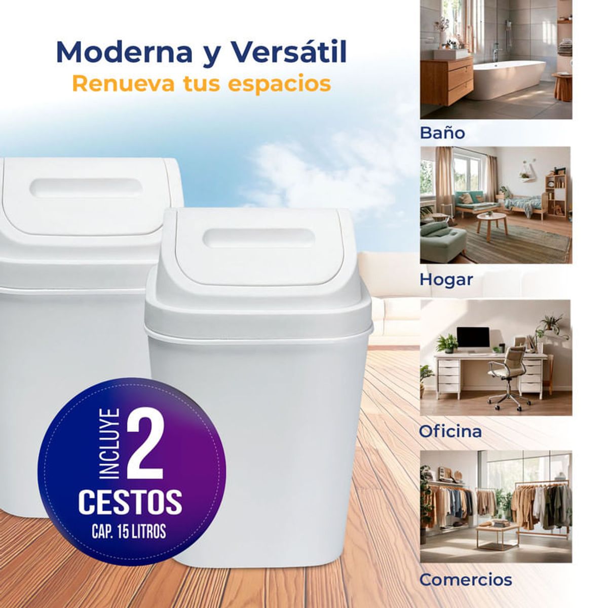 ENERGY PLUS - Kit x2 Cesto de Basura 15L con Tapa Vaivén - Caneca Blanco